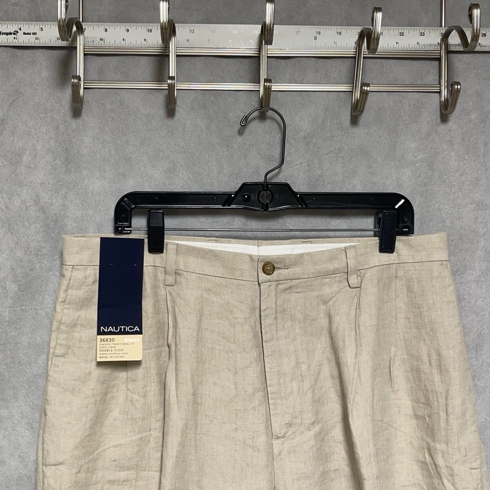 NWT Nautica Pants Men 36x30 Beige Linen Double Pleated Rigger Classic Fit Baggy